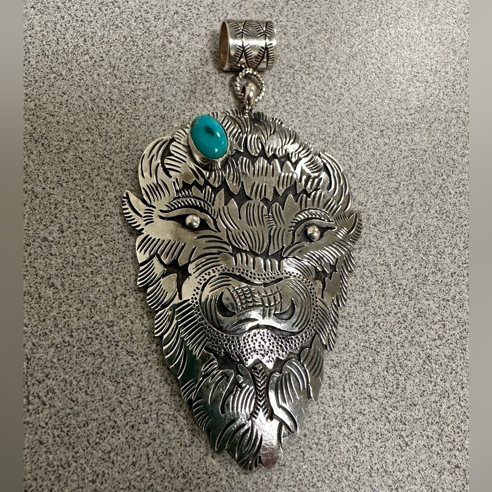 Huge Sterling Buffalo Head Pendant With Turquoise Look At The Detail!